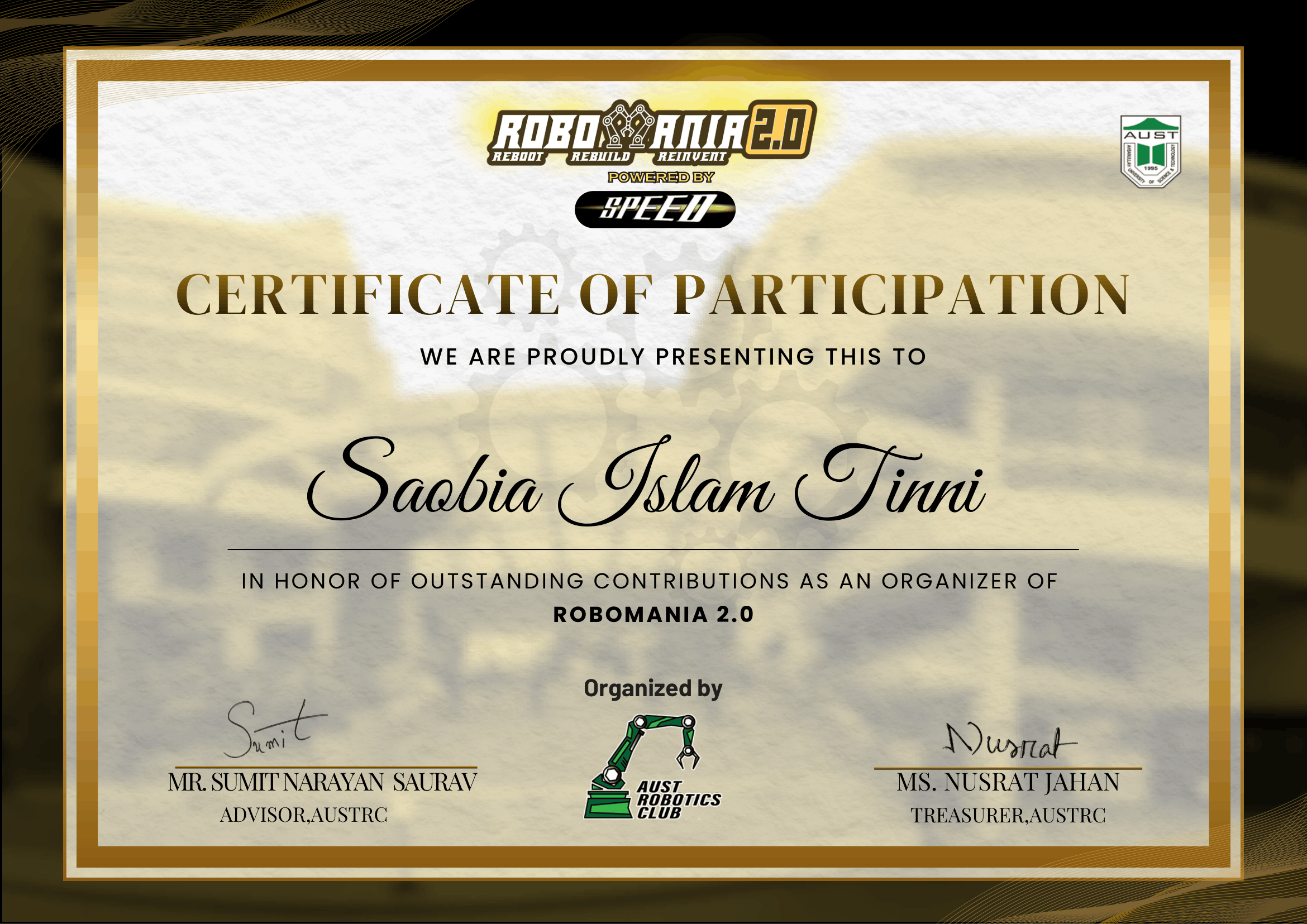 Robomania 2.0 Organizer Certificate